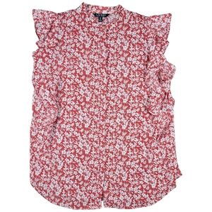 LRL Ralph Lauren Blouse Womens 1X Red Cream Floral Flutter Sleeveless Button‎ Up